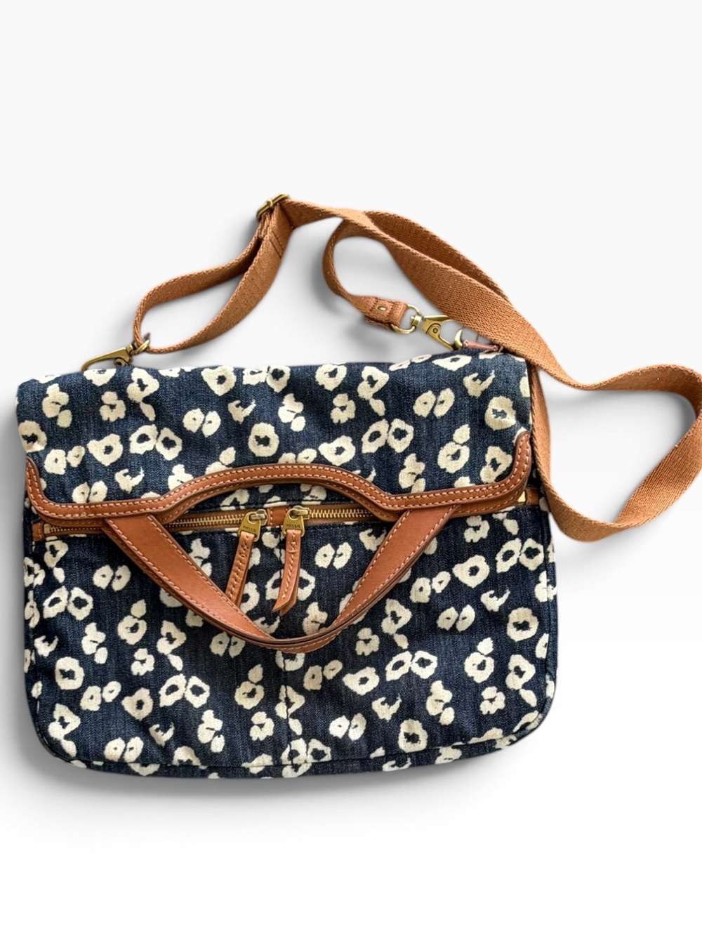 Fossil Erin Foldover Denim Canvas Crossbody Leopard Cheetah Print Leather Trim